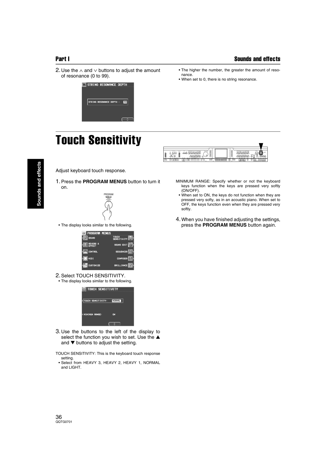 Technics SX-PR54/M Touch Sensitivity, Adjust keyboard touch response, Press the Program Menus button to turn it on 