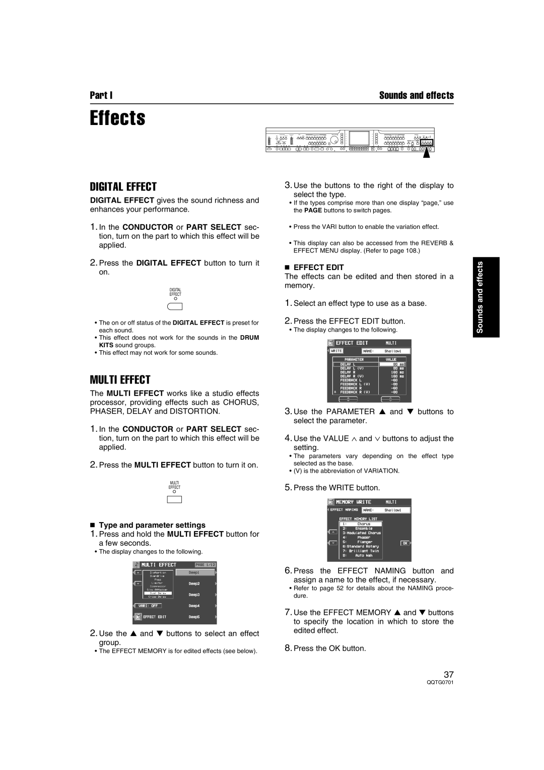 Technics SX-PR54/M operating instructions Effects, Digital Effect, Multi Effect, Effect Edit, Type and parameter settings 