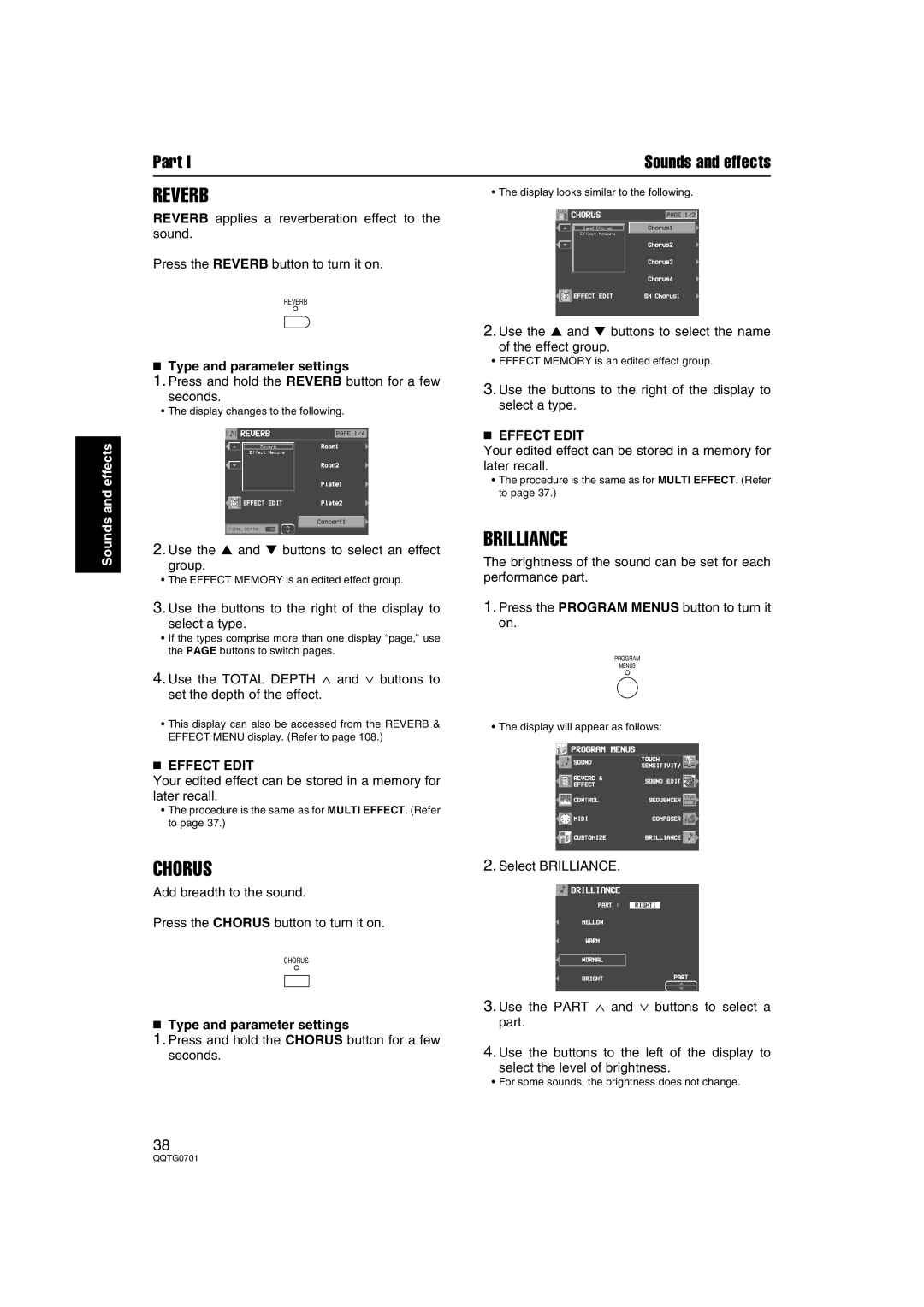 Technics SX-PR54/M operating instructions Reverb, Chorus, Brilliance 