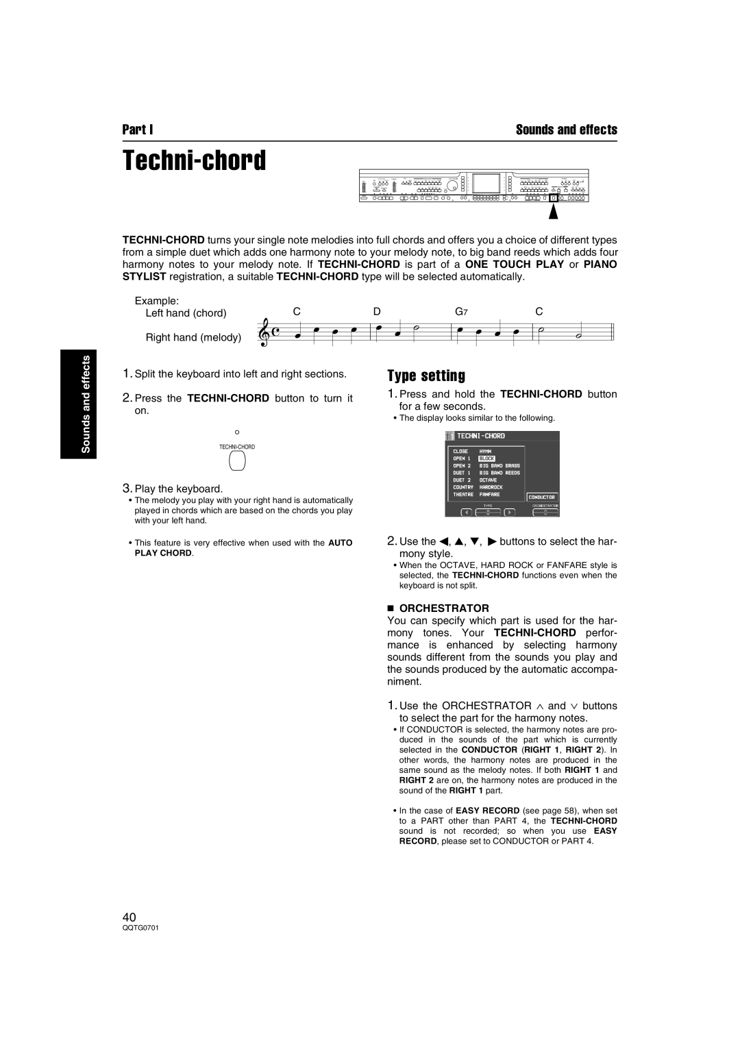 Technics SX-PR54/M Type setting, Press and hold the TECHNI-CHORDbutton For a few seconds, Orchestrator 