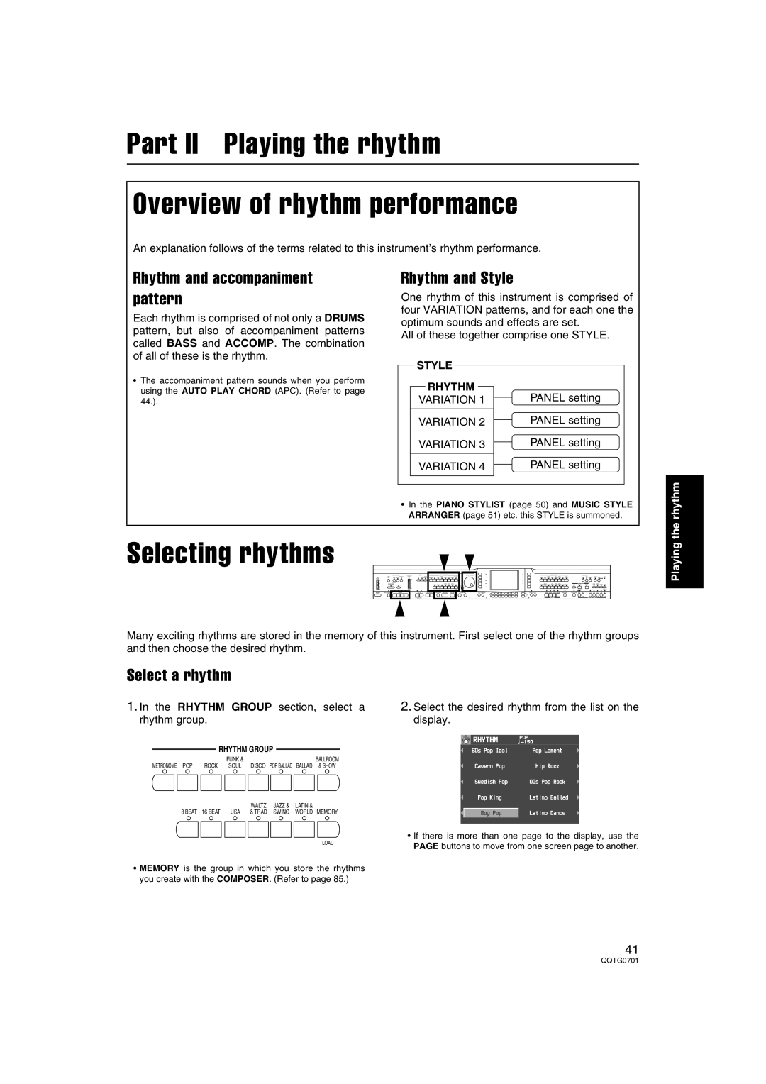 Technics SX-PR54/M Part II Playing the rhythm Overview of rhythm performance, Selecting rhythms, Rhythm and Style 