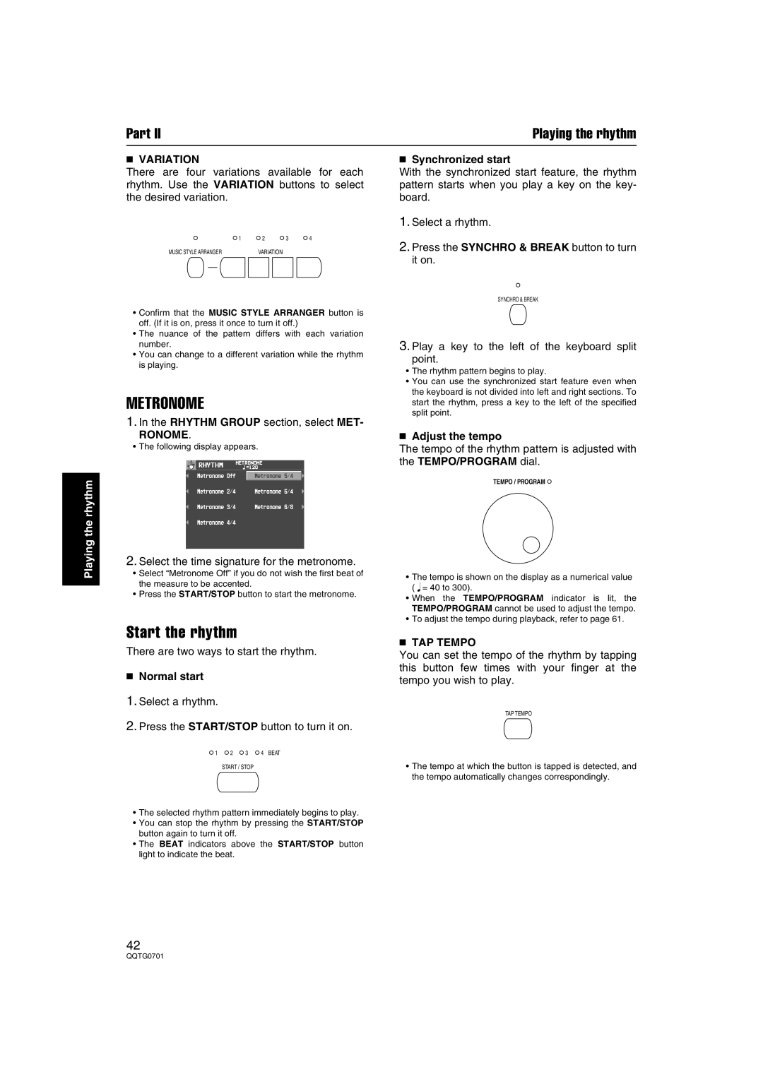 Technics SX-PR54/M operating instructions Metronome, Start the rhythm, Variation, Ronome, TAP Tempo 