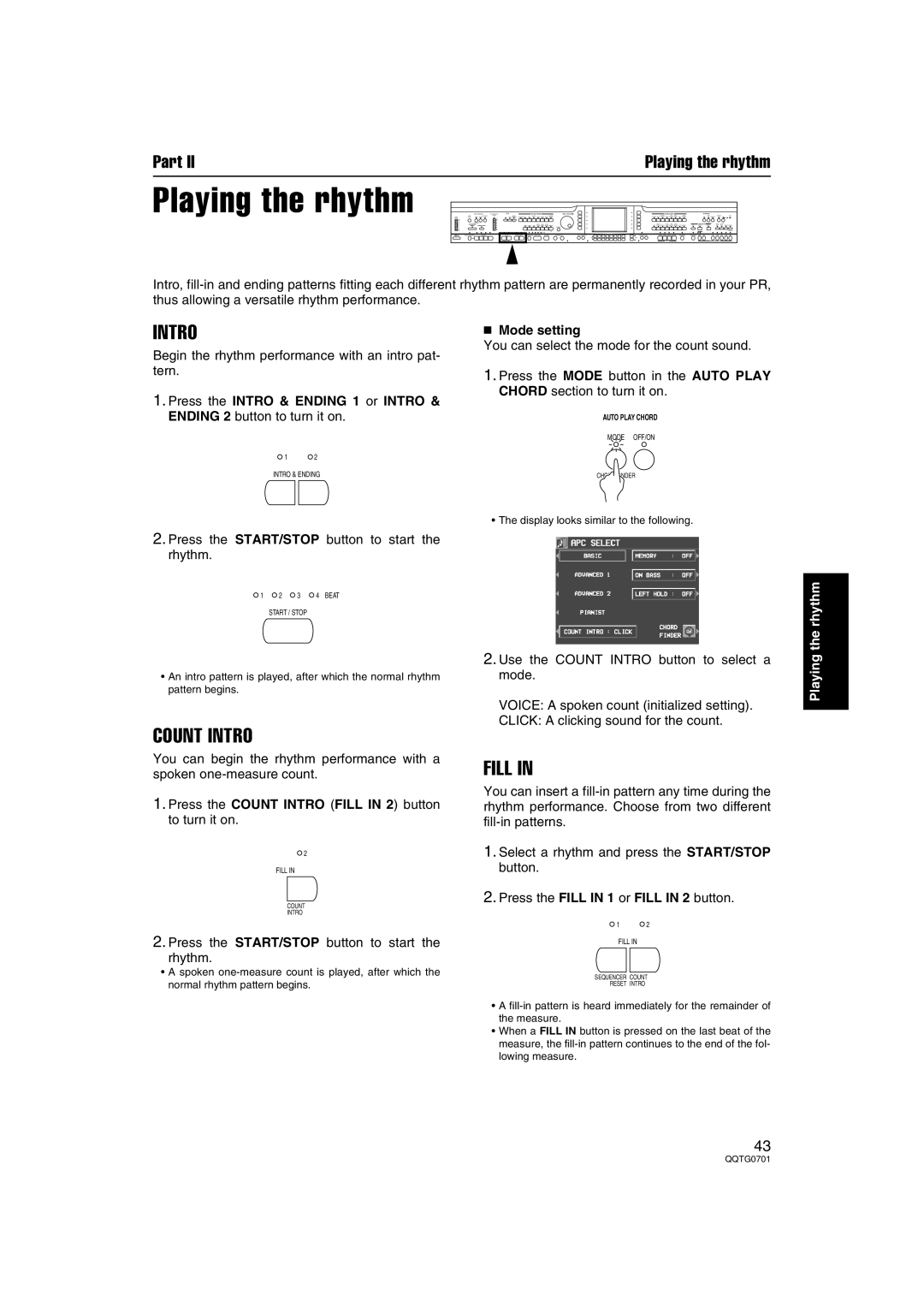 Technics SX-PR54/M operating instructions Mode setting, Press the Count Intro Fill in 2 button to turn it on 