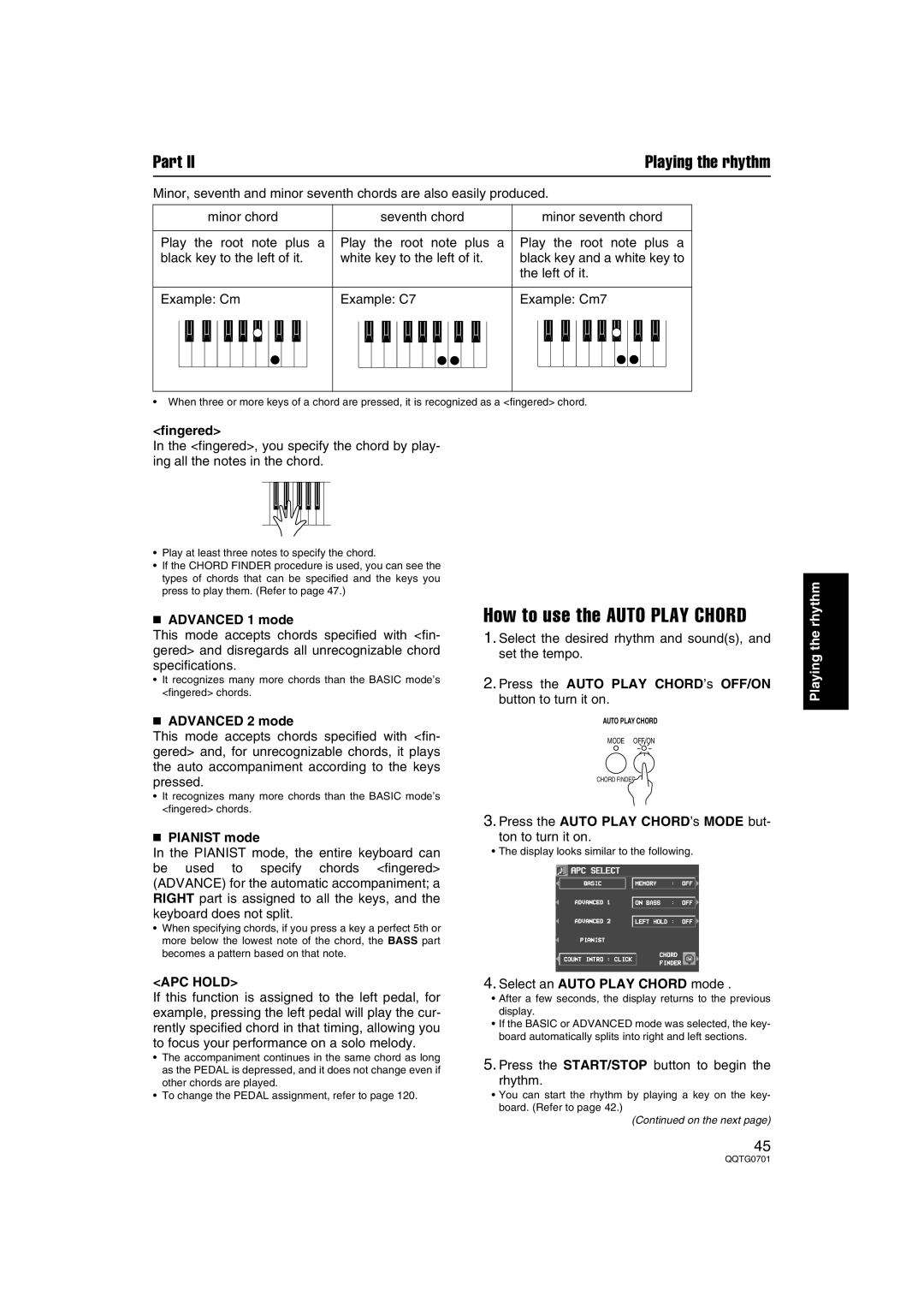 Technics SX-PR54/M operating instructions How to use the Auto Play Chord, APC Hold 