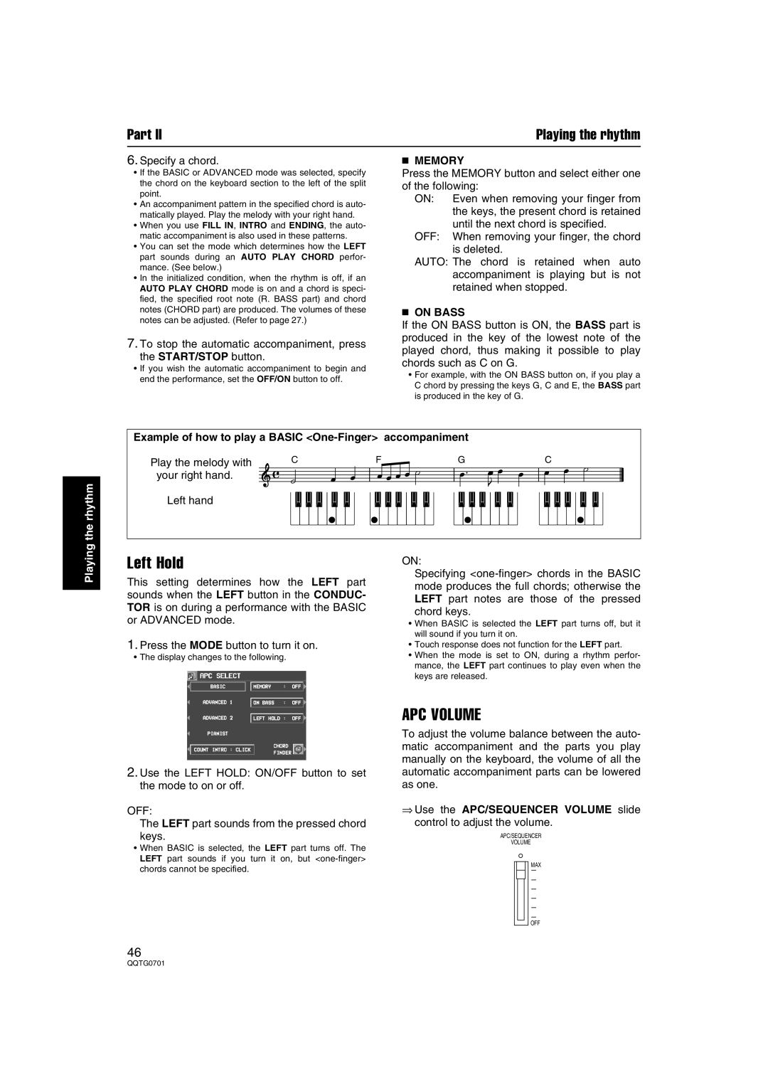 Technics SX-PR54/M operating instructions Left Hold, APC Volume, Memory, On Bass 