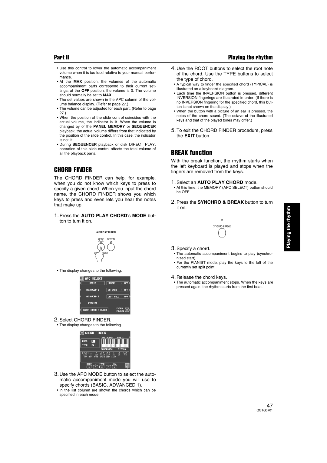 Technics SX-PR54/M Chord Finder, Break function, Press the Auto Play CHORD’s Mode but- ton to turn it on 