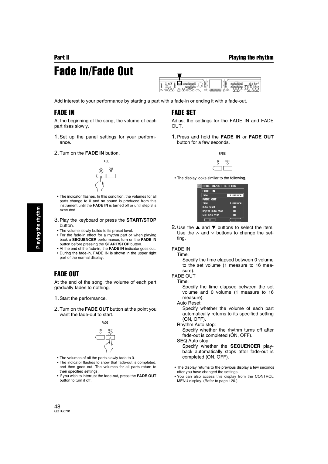 Technics SX-PR54/M operating instructions Fade In/Fade Out, Fade OUT, Fade SET 