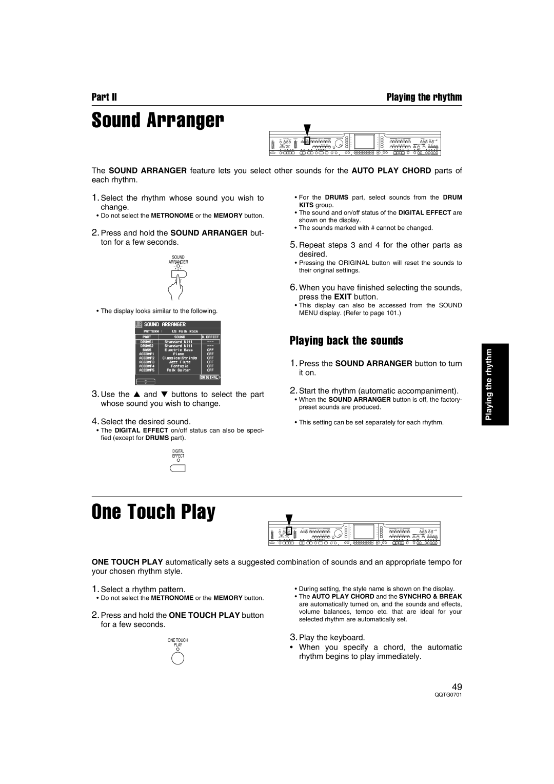 Technics SX-PR54/M operating instructions Sound Arranger, One Touch Play, Playing back the sounds 