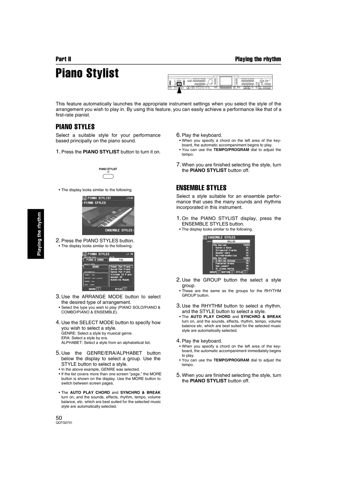 Technics SX-PR54/M Ensemble Styles, Press the Piano Styles button, Use the Group button the select a style 