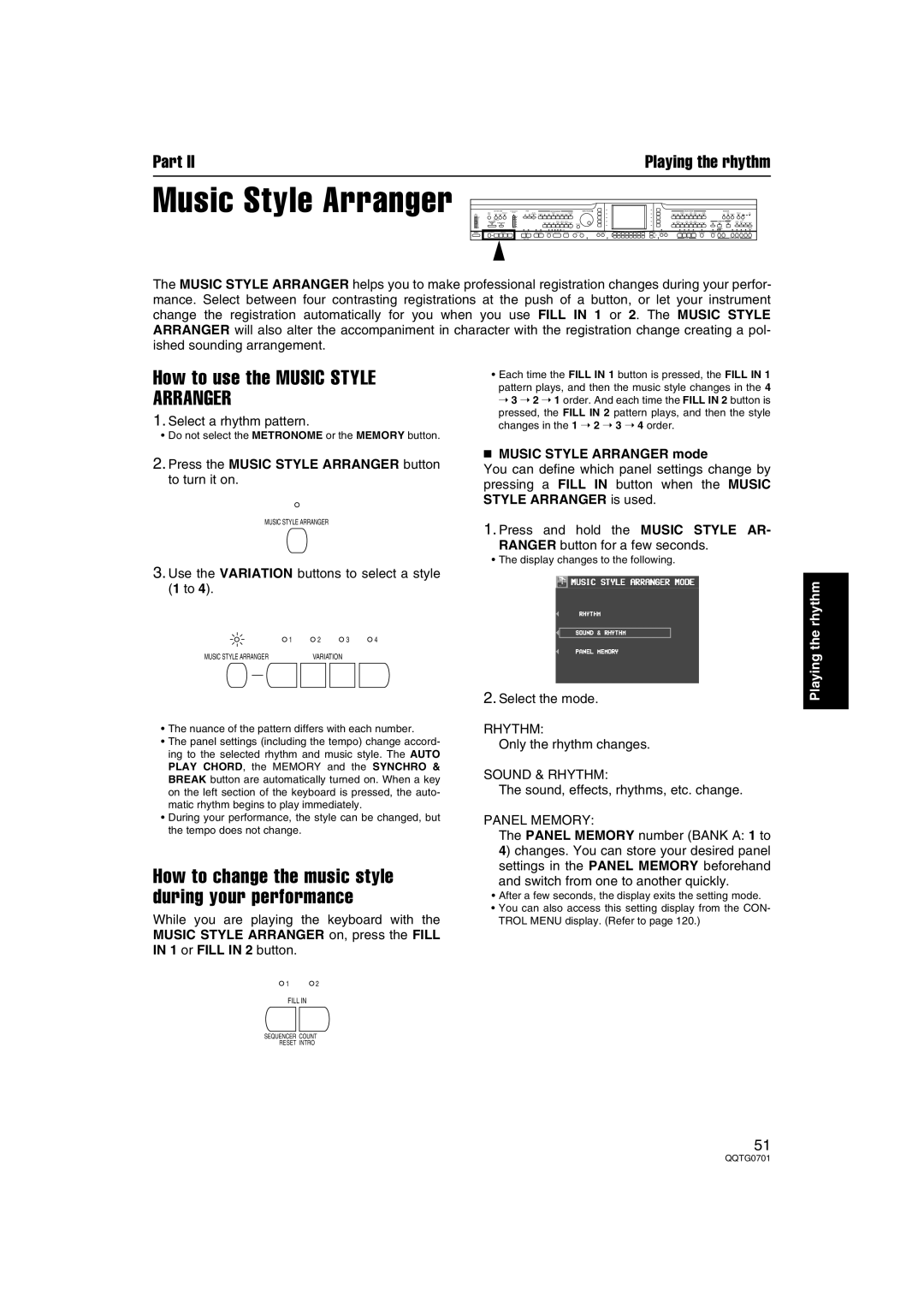 Technics SX-PR54/M Select a rhythm pattern, Press the Music Style Arranger button to turn it on, Music Style Arranger mode 