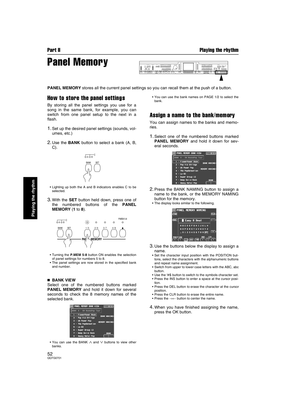 Technics SX-PR54/M operating instructions How to store the panel settings, Assign a name to the bank/memory, Bank View 