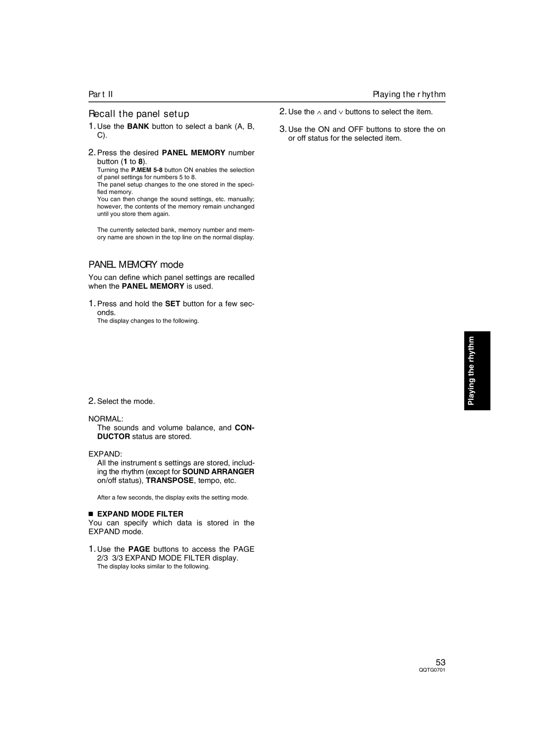 Technics SX-PR54/M operating instructions Recall the panel setup, Panel Memory mode, Normal, Expand Mode Filter 