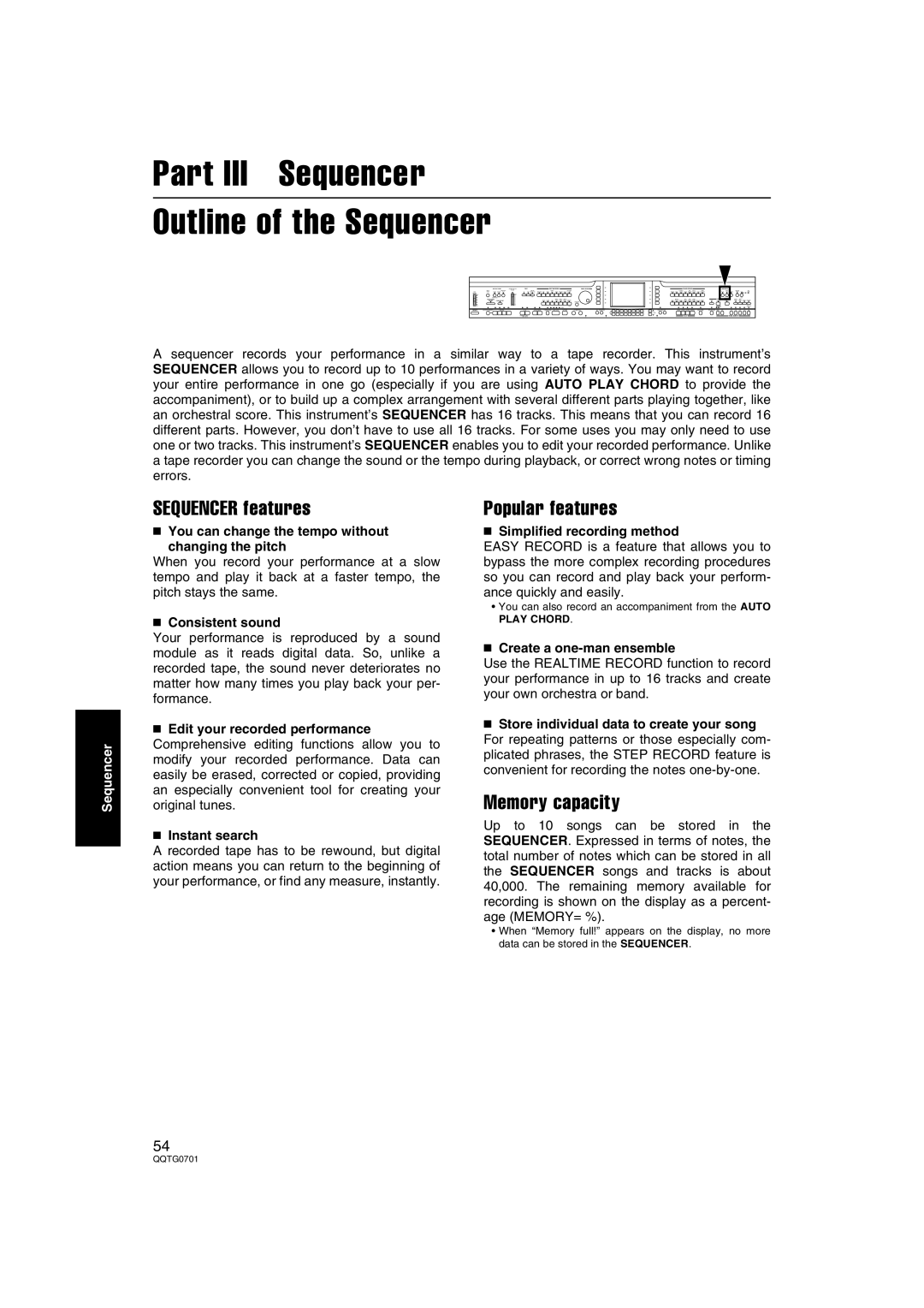 Technics SX-PR54/M Part III Sequencer Outline of the Sequencer, Sequencer features, Popular features, Memory capacity 