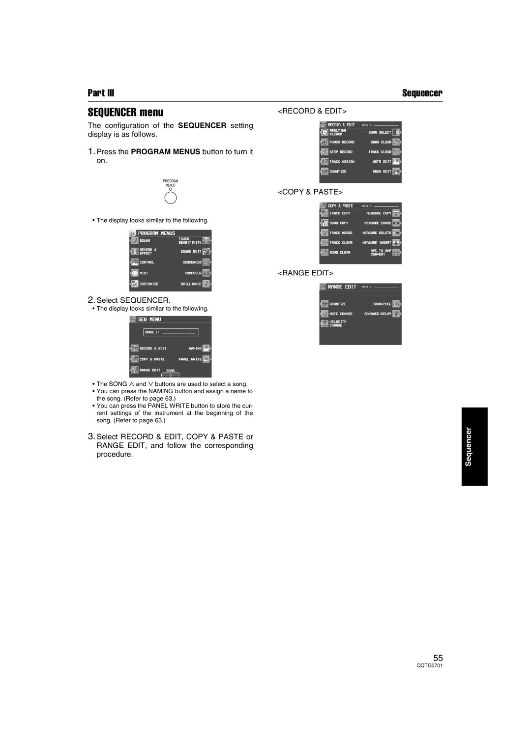 Technics SX-PR54/M operating instructions Sequencer menu, Record & Edit, Copy & Paste, Range Edit, Select Sequencer 