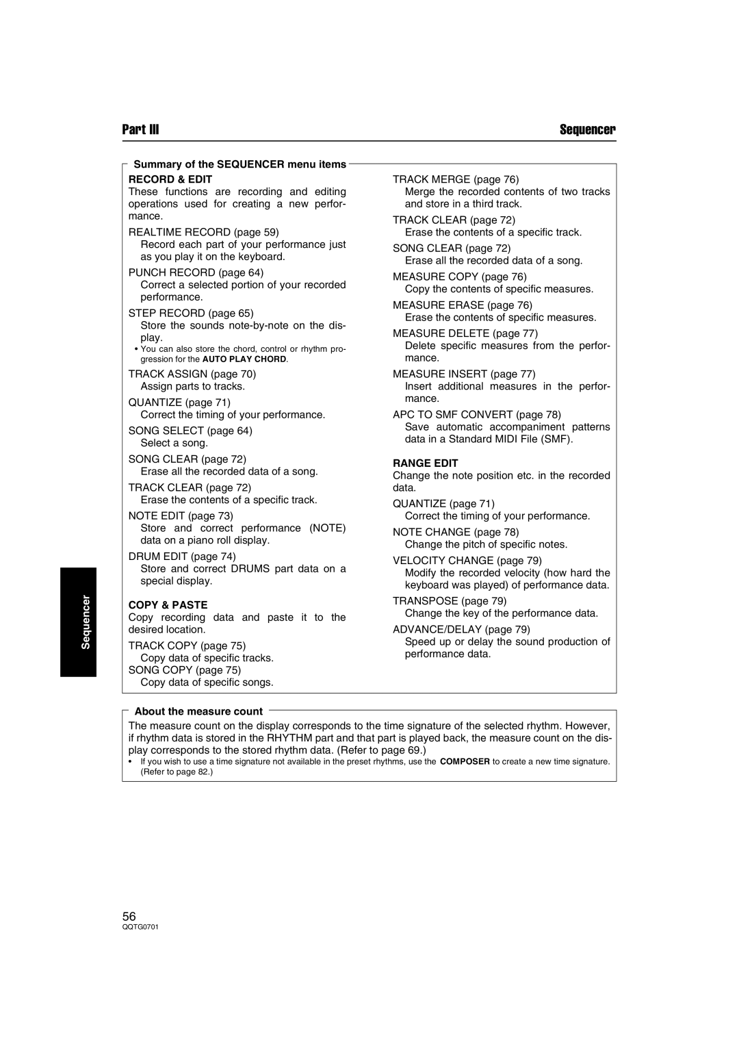 Technics SX-PR54/M Summary of the Sequencer menu items, Record & Edit, Copy & Paste, Range Edit, About the measure count 