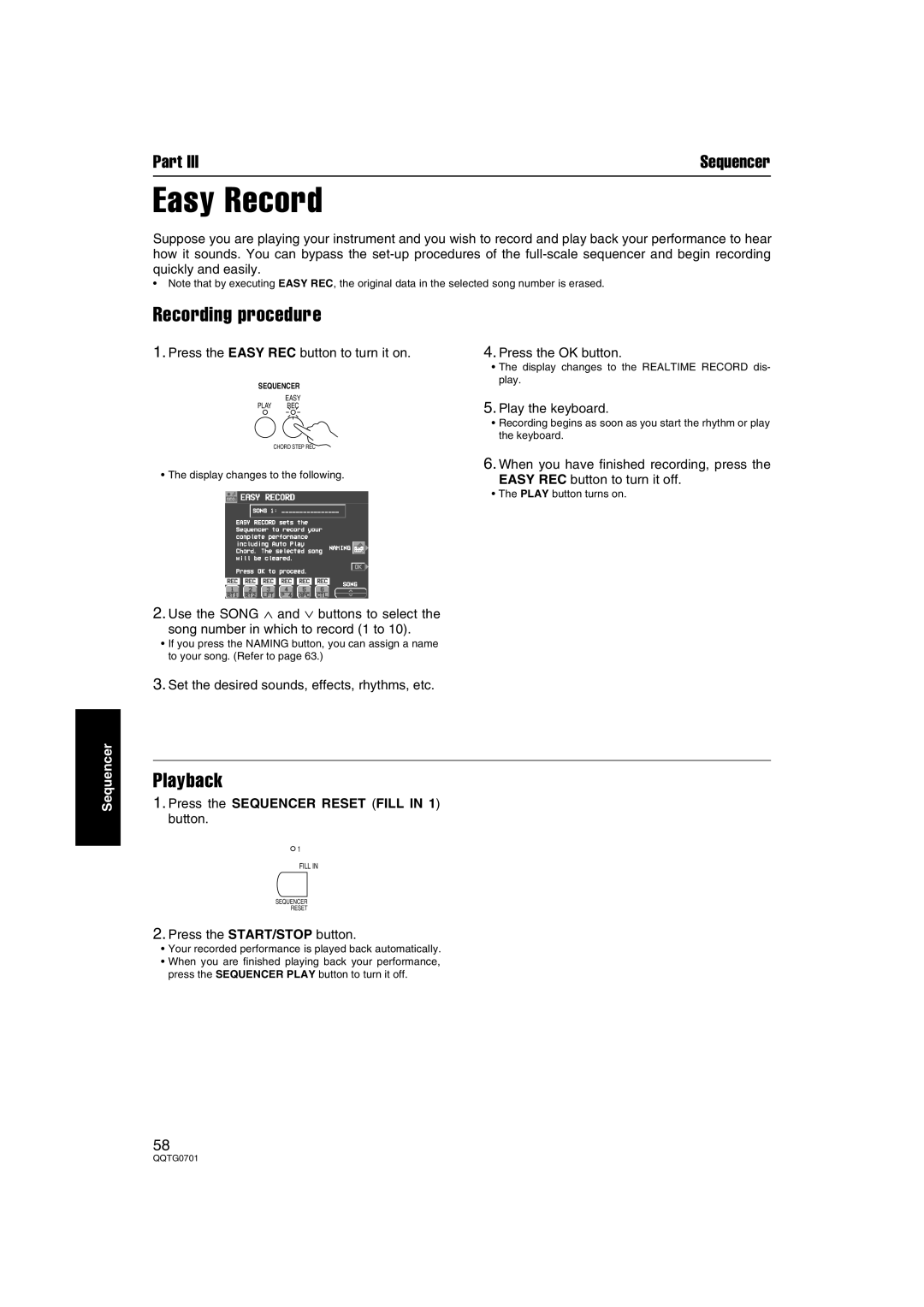 Technics SX-PR54/M Easy Record, Recording procedure, Playback, Press the Easy REC button to turn it on 