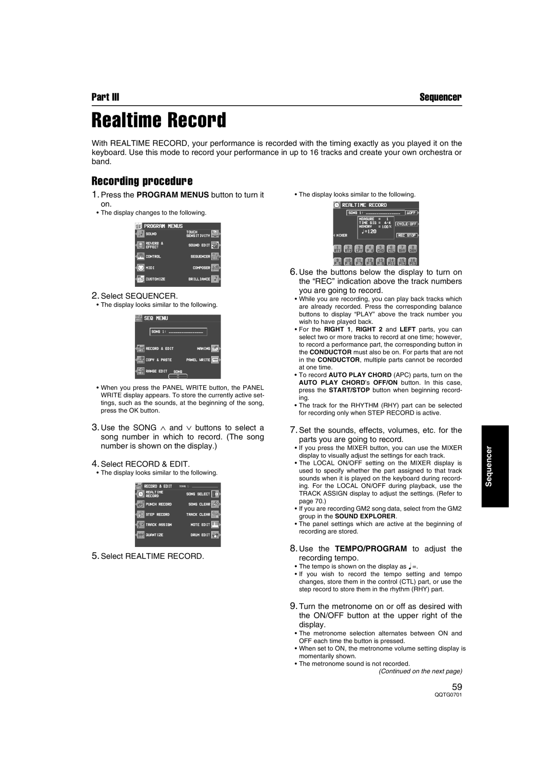 Technics SX-PR54/M operating instructions Realtime Record, Use the TEMPO/PROGRAM to adjust Recording tempo 