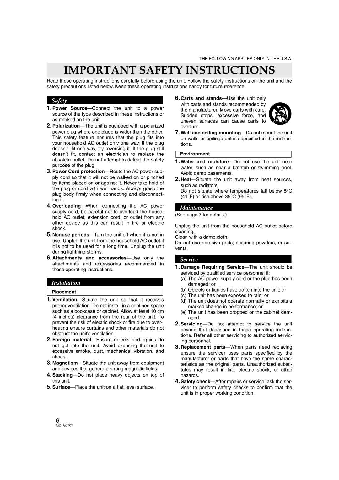 Technics SX-PR54/M operating instructions Important Safety Instructions, Placement 