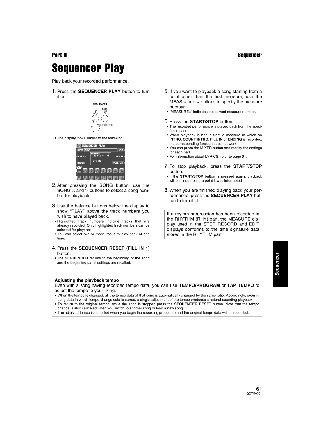 Technics SX-PR54/M Sequencer Play, If you want to playback a song starting from a, Number, Adjusting the playback tempo 