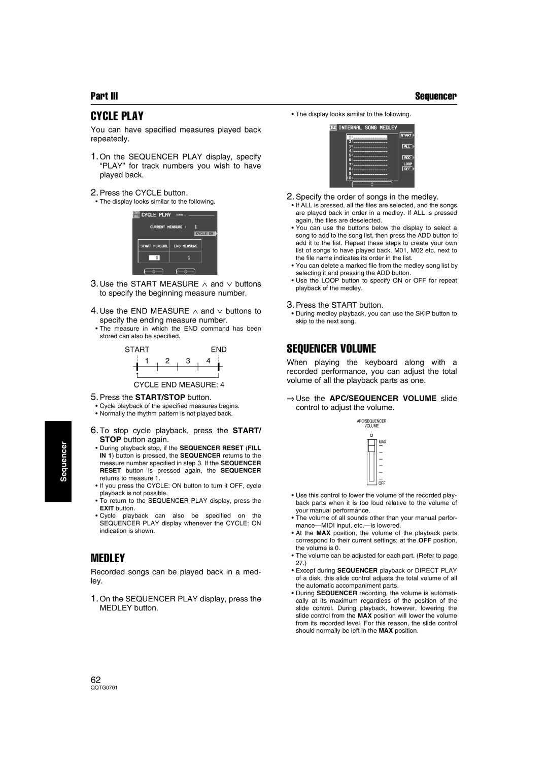 Technics SX-PR54/M operating instructions Cycle Play, Medley, Sequencer Volume, Specify the order of songs in the medley 