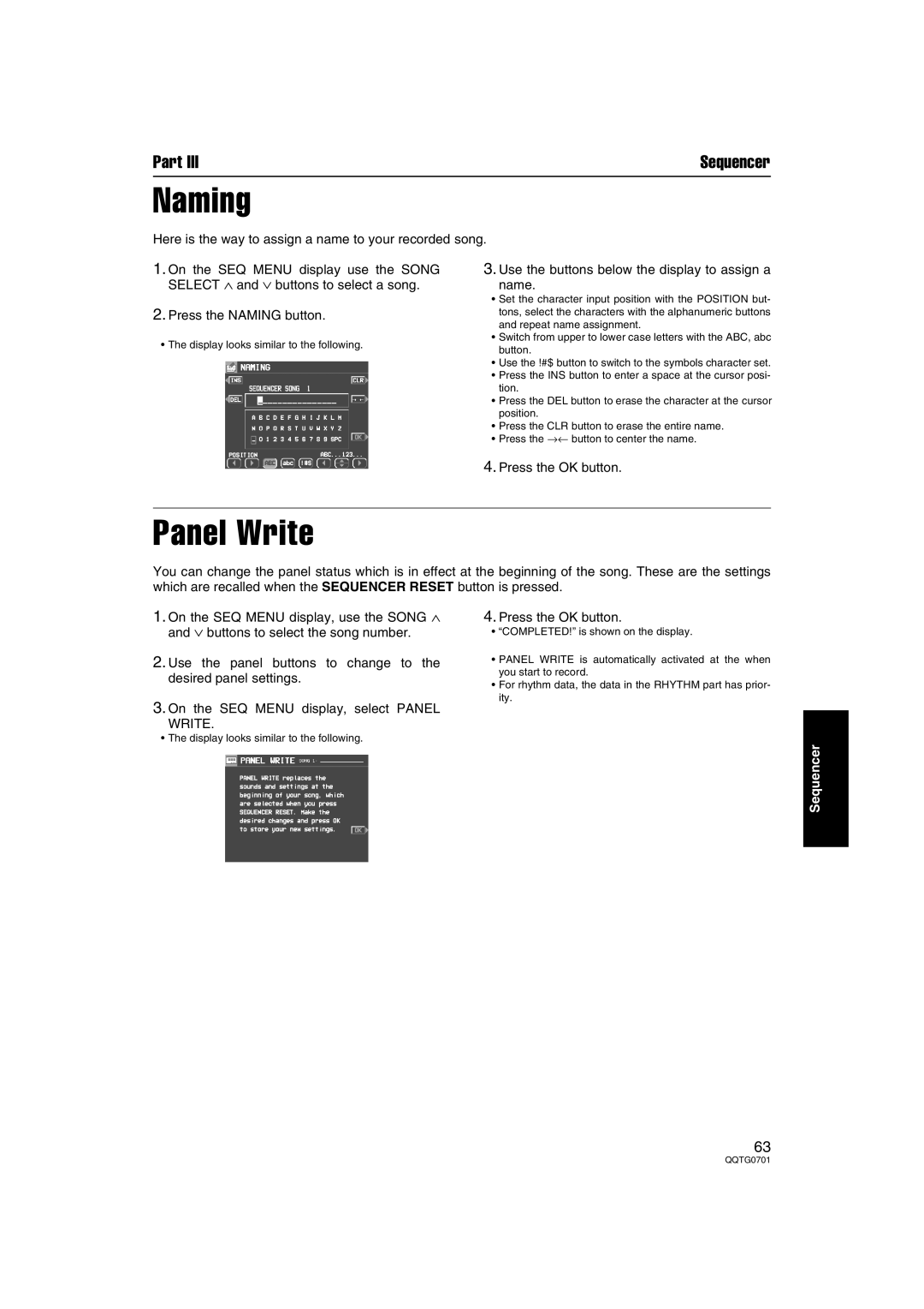 Technics SX-PR54/M operating instructions Naming, Panel Write, Use the buttons below the display to assign a Name 