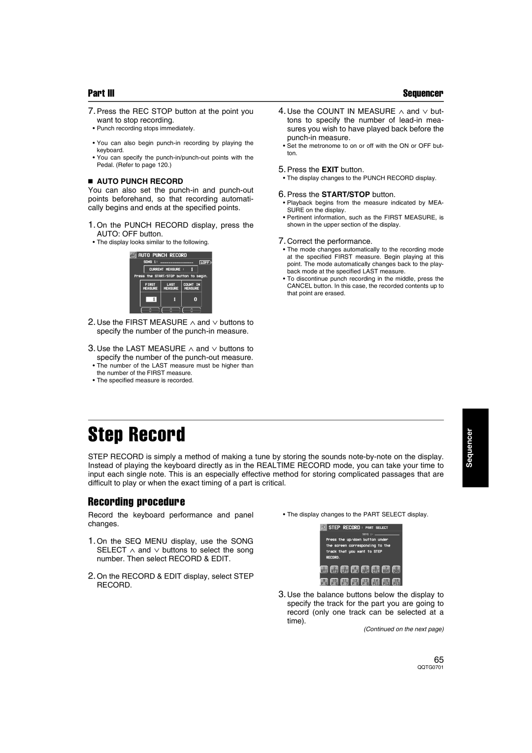 Technics SX-PR54/M operating instructions Step Record,  Auto Punch Record, Punch-in measure, Correct the performance 