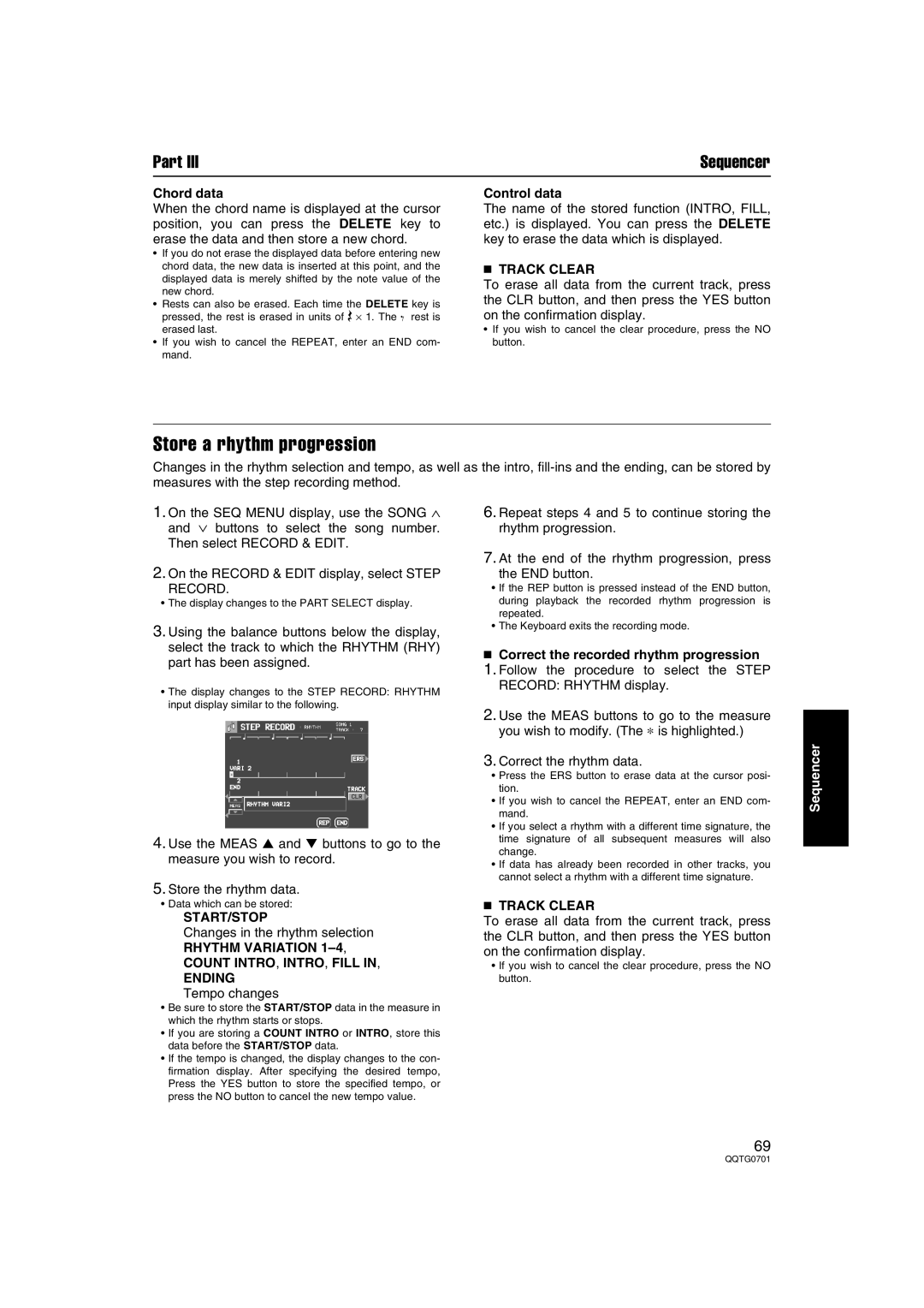 Technics SX-PR54/M Store a rhythm progression,  Track Clear, Start/Stop, Rhythm Variation Count INTRO, INTRO, Fill Ending 