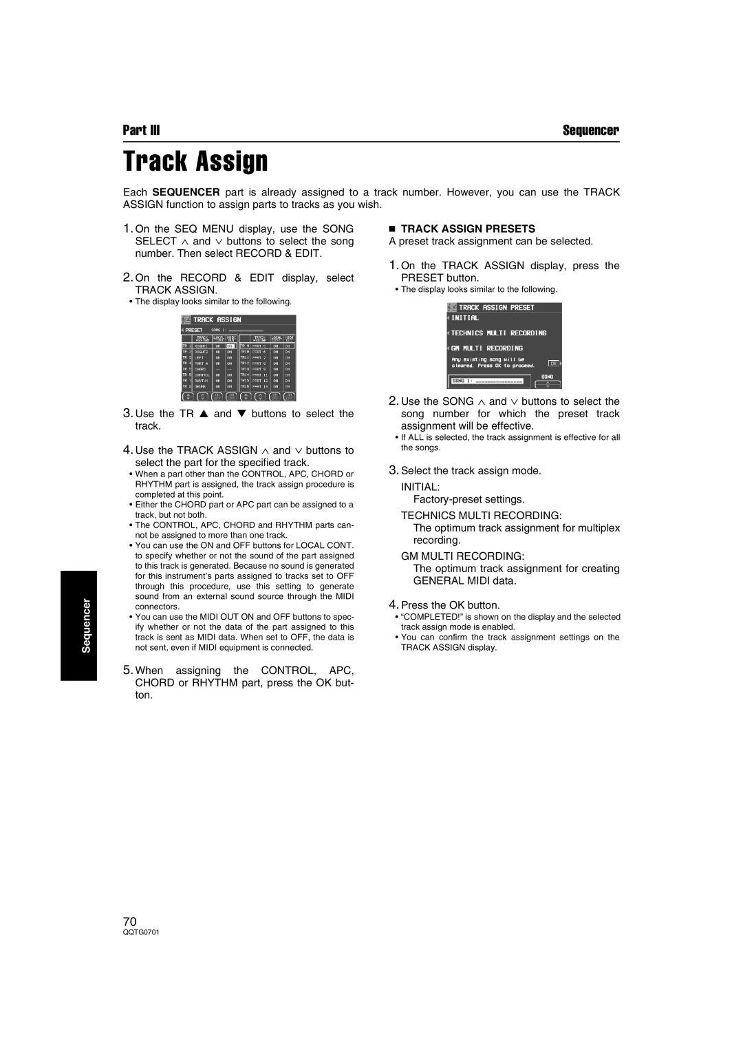 Technics SX-PR54/M operating instructions  Track Assign Presets 