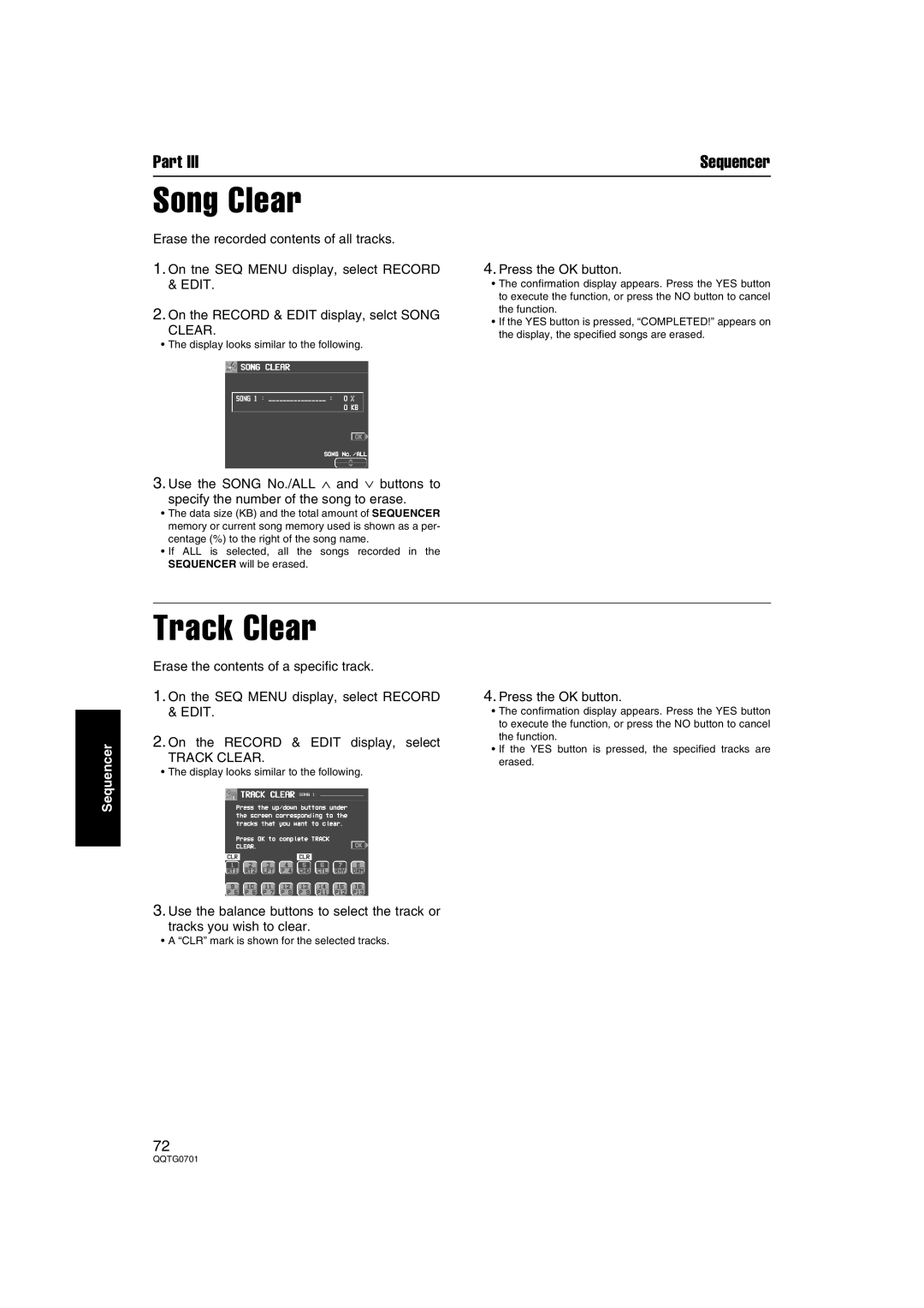 Technics SX-PR54/M operating instructions Song Clear, Track Clear 