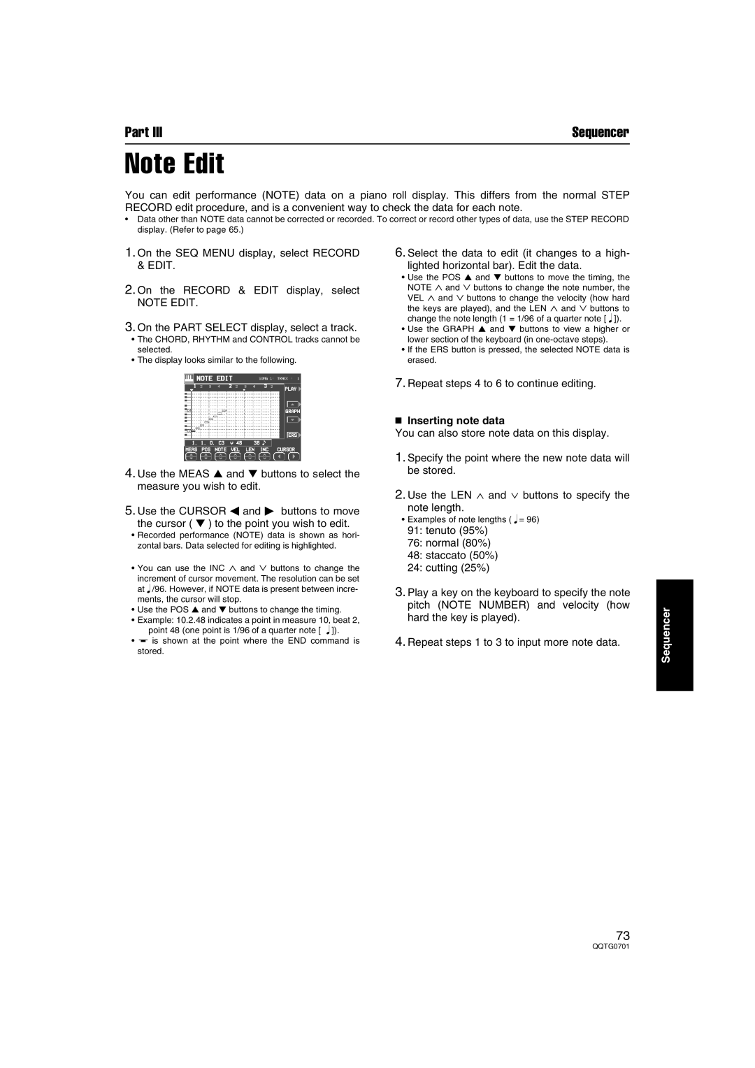 Technics SX-PR54/M operating instructions Repeat steps 4 to 6 to continue editing,  Inserting note data 