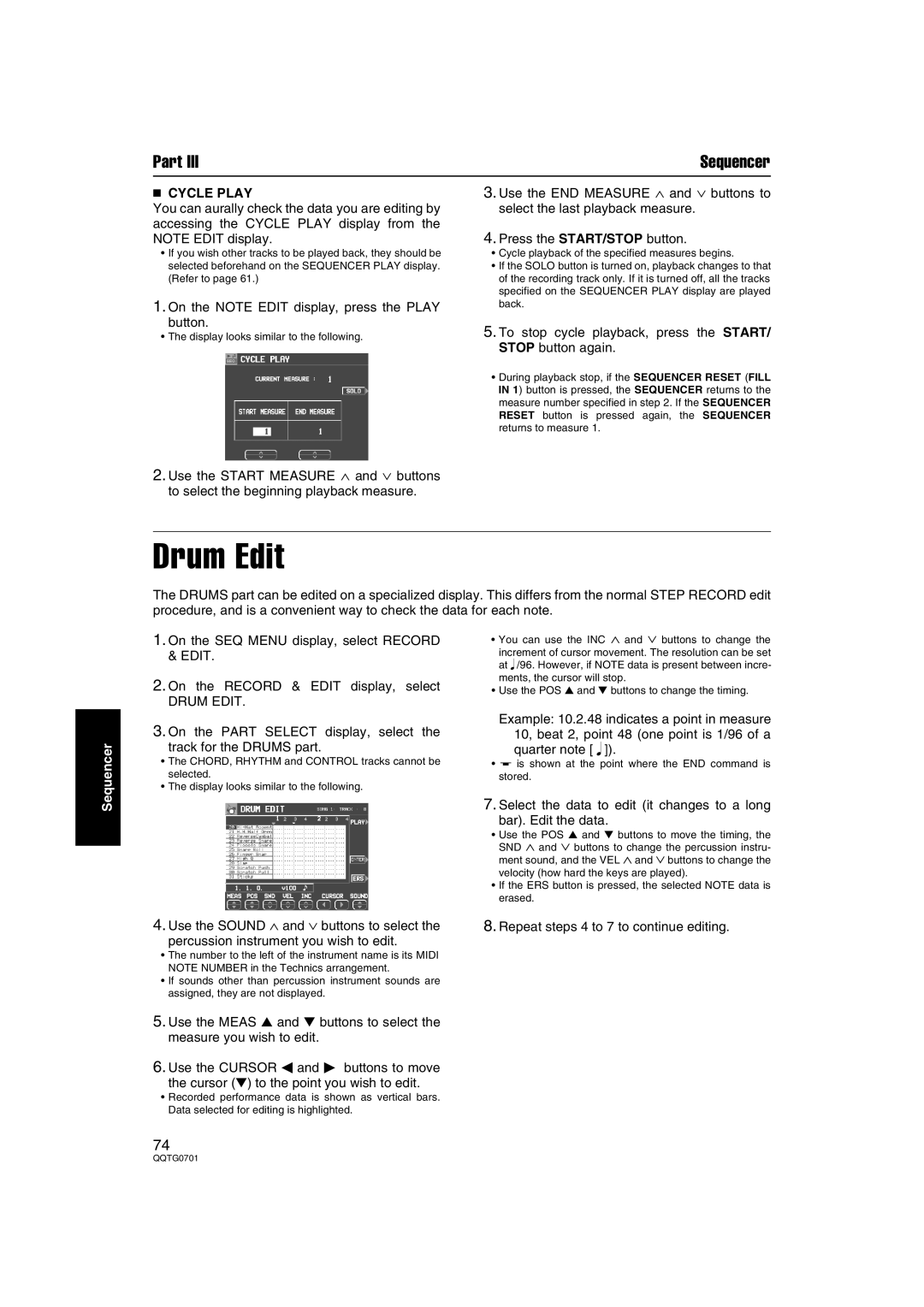 Technics SX-PR54/M operating instructions Drum Edit,  Cycle Play 