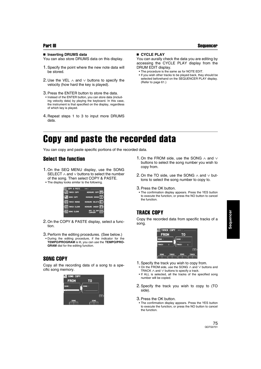 Technics SX-PR54/M Copy and paste the recorded data, Select the function, Song Copy, Track Copy,  Inserting Drums data 