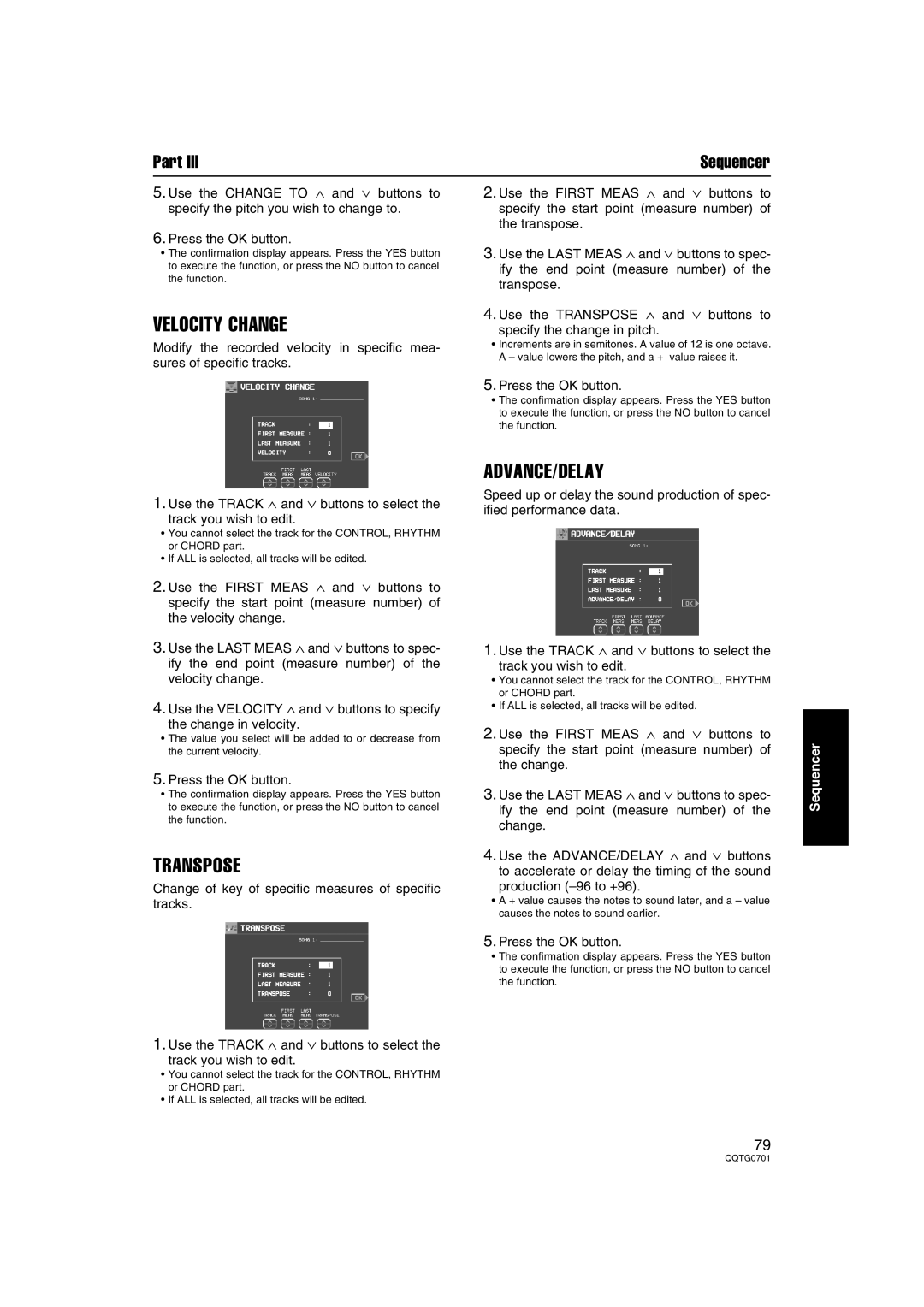 Technics SX-PR54/M operating instructions Velocity Change, Advance/Delay, Transpose 