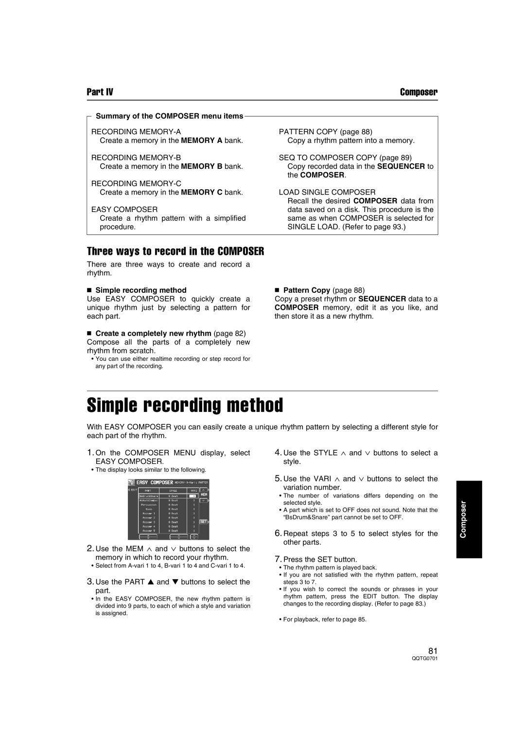 Technics SX-PR54/M operating instructions Simple recording method, Summary of the Composer menu items, Pattern Copy 