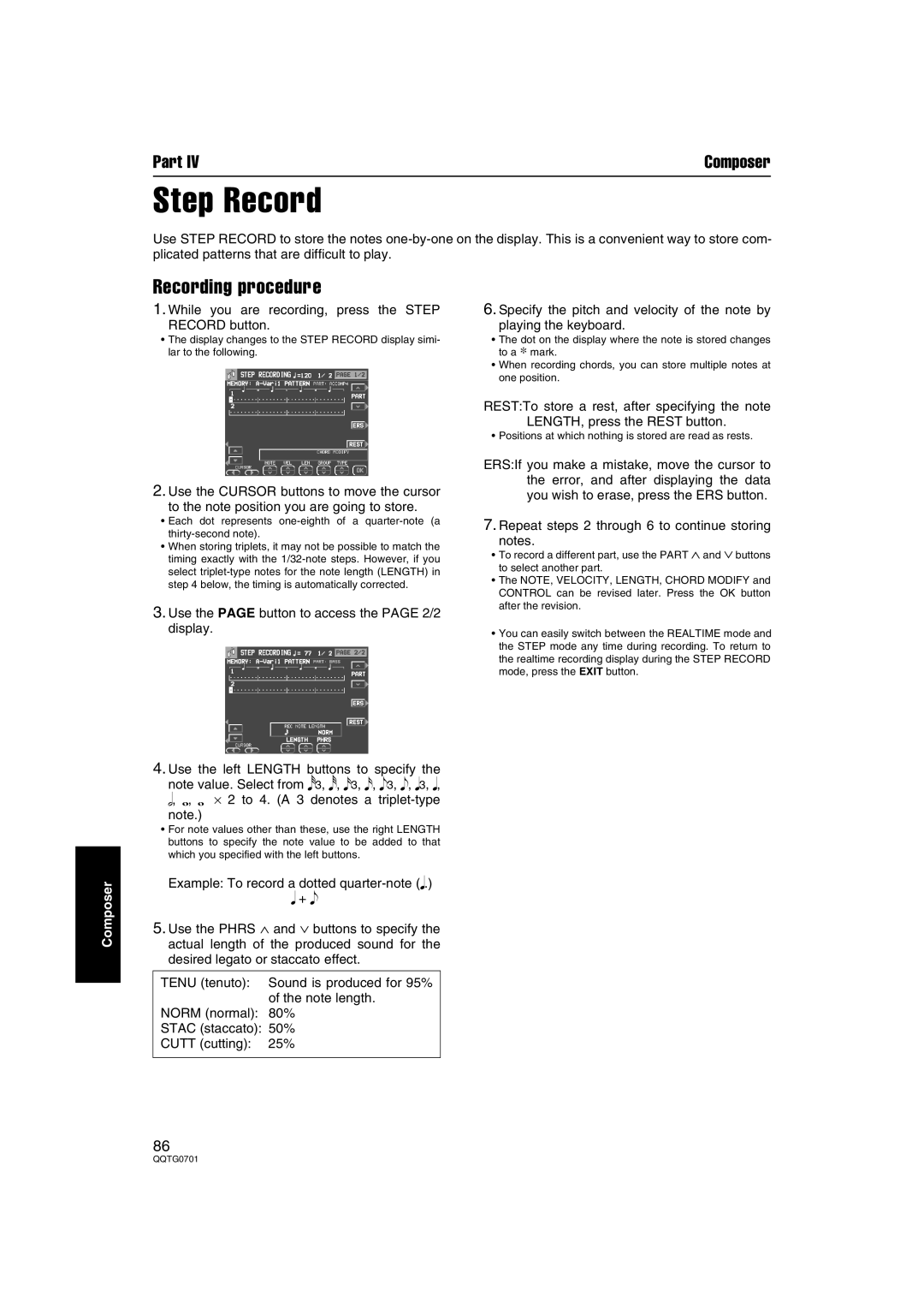 Technics SX-PR54/M operating instructions While you are recording, press the Step Record button 