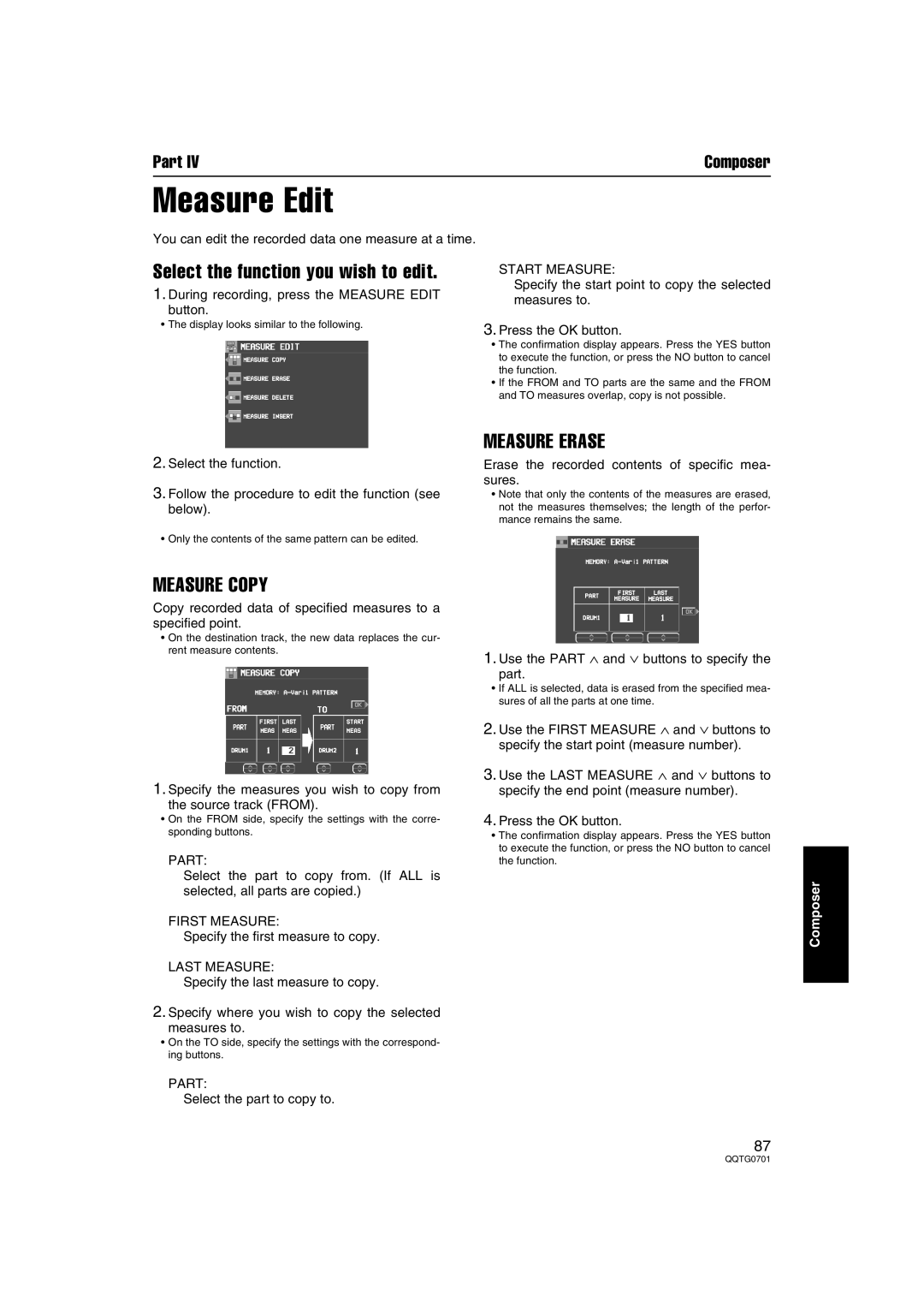 Technics SX-PR54/M operating instructions Measure Edit, Select the function you wish to edit, Part 