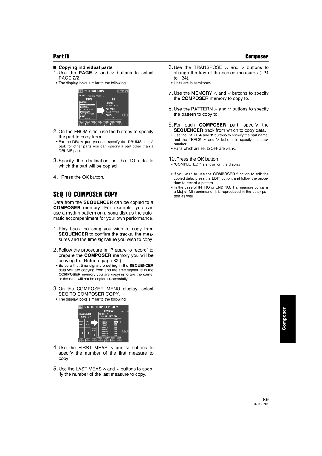 Technics SX-PR54/M SEQ to Composer Copy, Copying individual parts, Use the page ∧ and ∨ buttons to select 2/2 