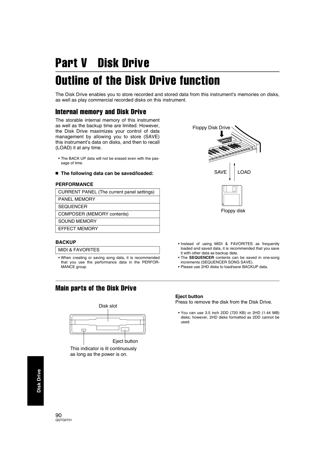 Technics SX-PR54/M Part V Disk Drive Outline of the Disk Drive function, Internal memory and Disk Drive, Performance 