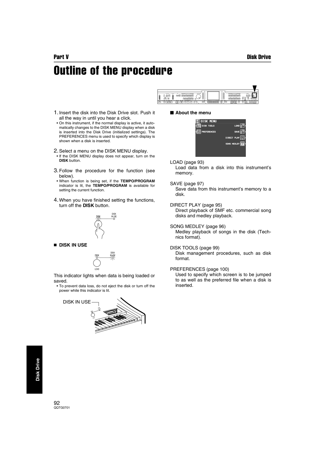 Technics SX-PR54/M operating instructions Outline of the procedure, Disk in USE, About the menu 