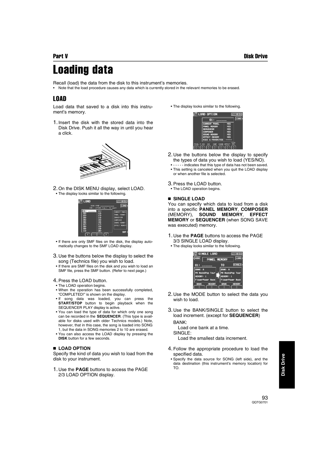 Technics SX-PR54/M operating instructions Loading data, Load Option, Single Load 