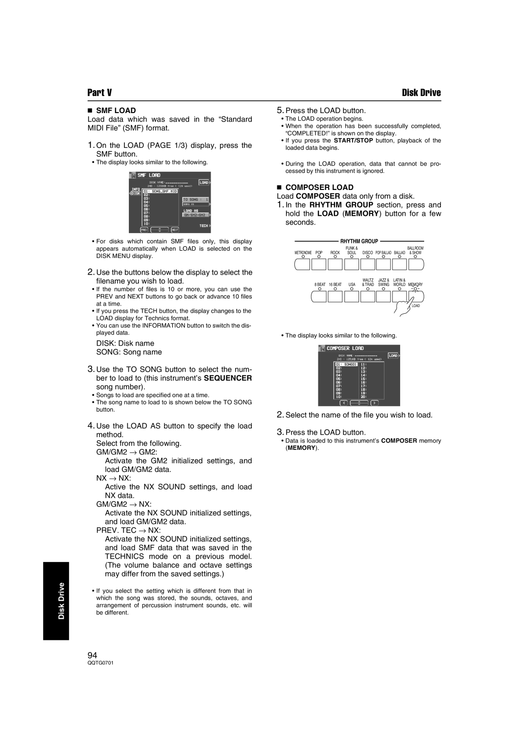 Technics SX-PR54/M operating instructions SMF Load, Composer Load 