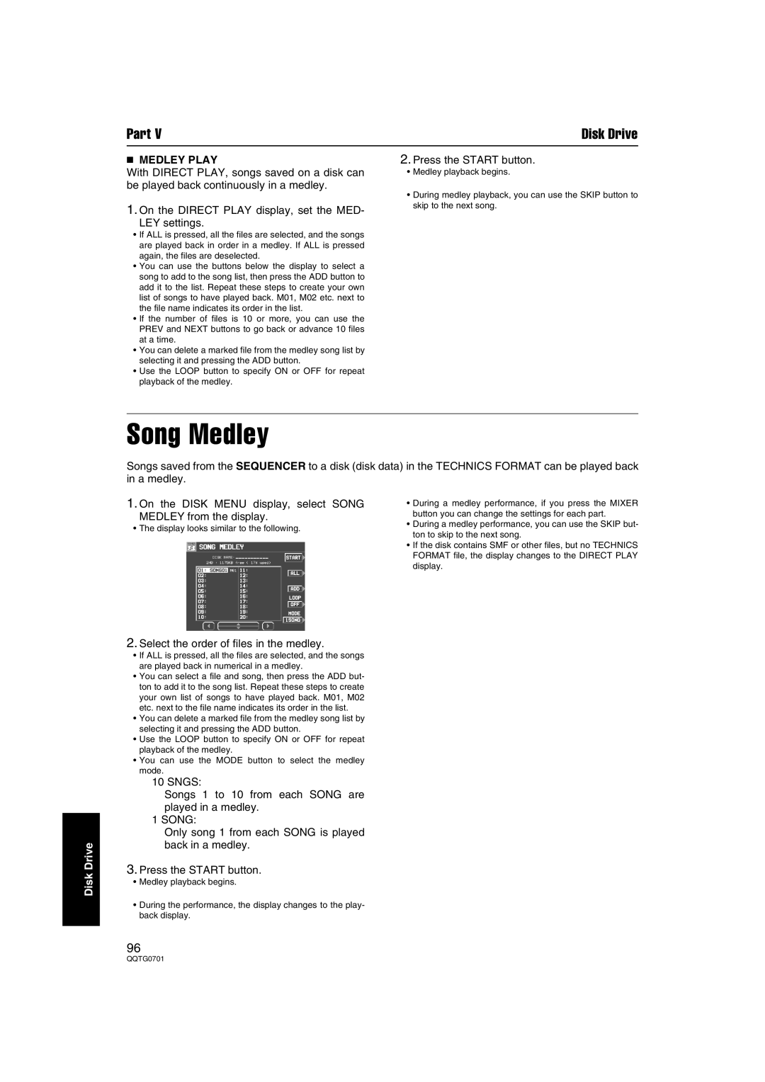 Technics SX-PR54/M operating instructions Song Medley, Medley Play, Select the order of files in the medley 