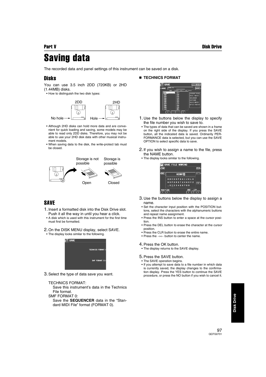 Technics SX-PR54/M operating instructions Saving data, Disks, Save, Technics Format 