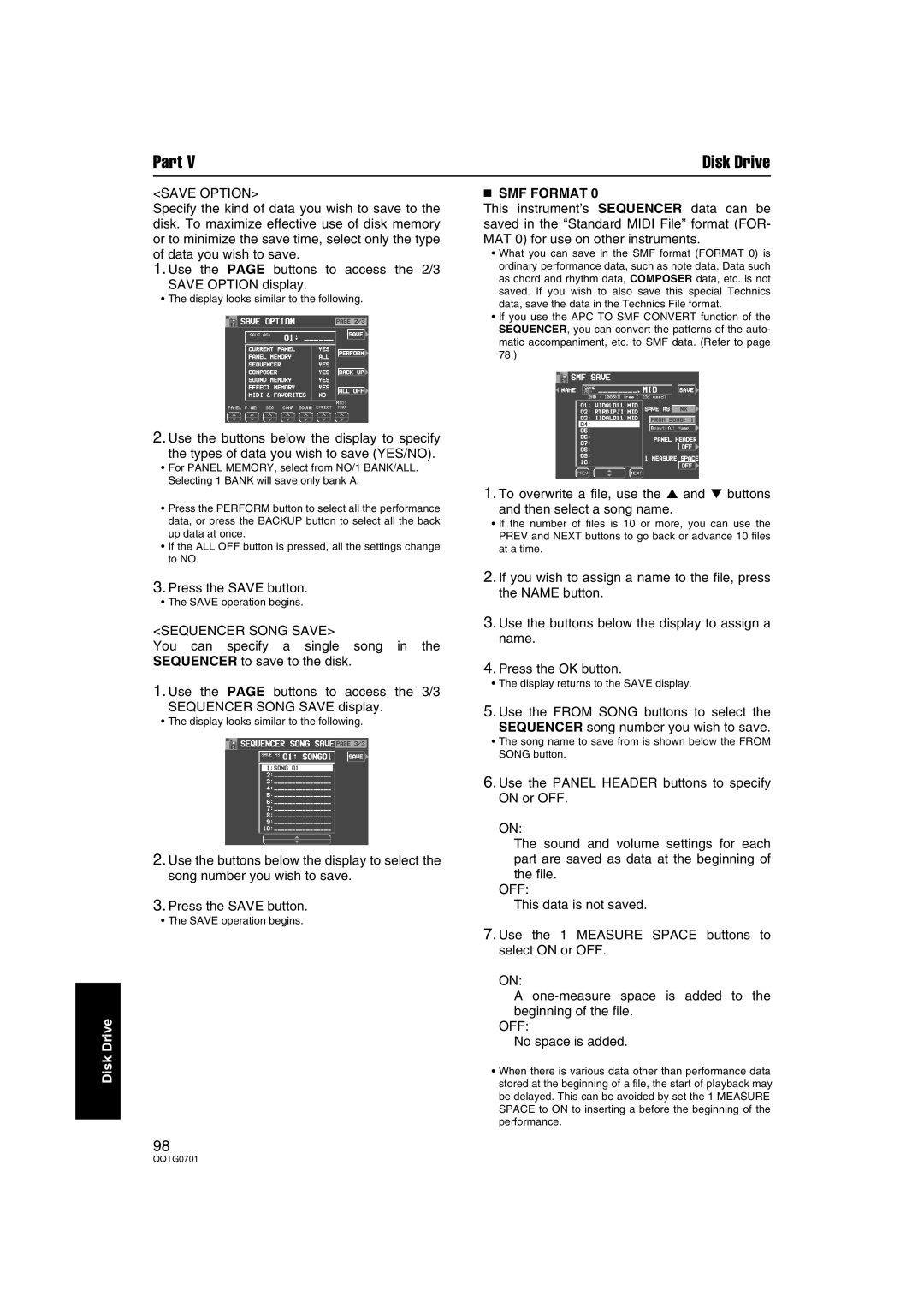 Technics SX-PR54/M operating instructions Save Option, SMF Format, Sequencer Song Save 