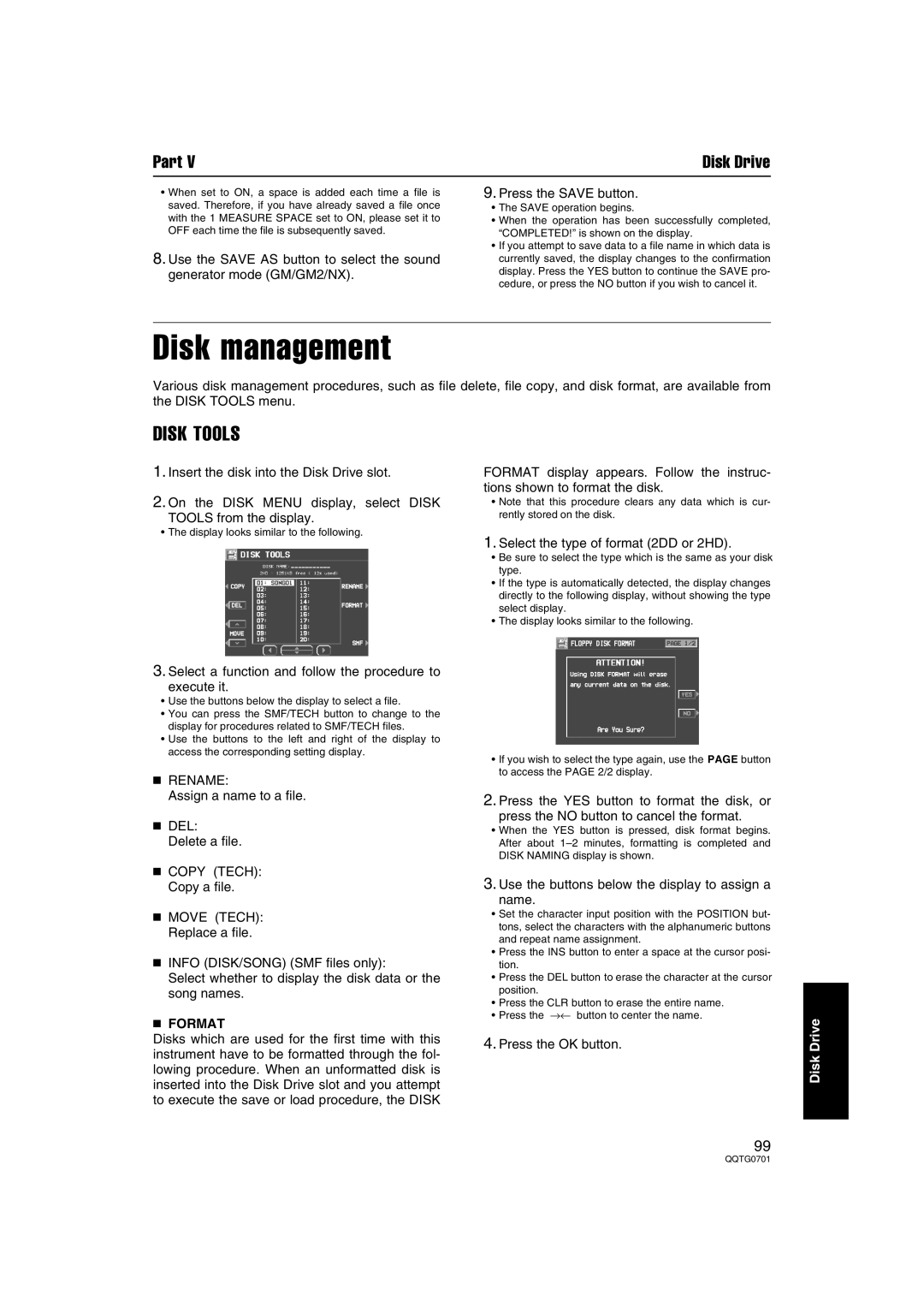 Technics SX-PR54/M Disk management, Disk Tools, Select a function and follow the procedure to Execute it, Rename, Format 