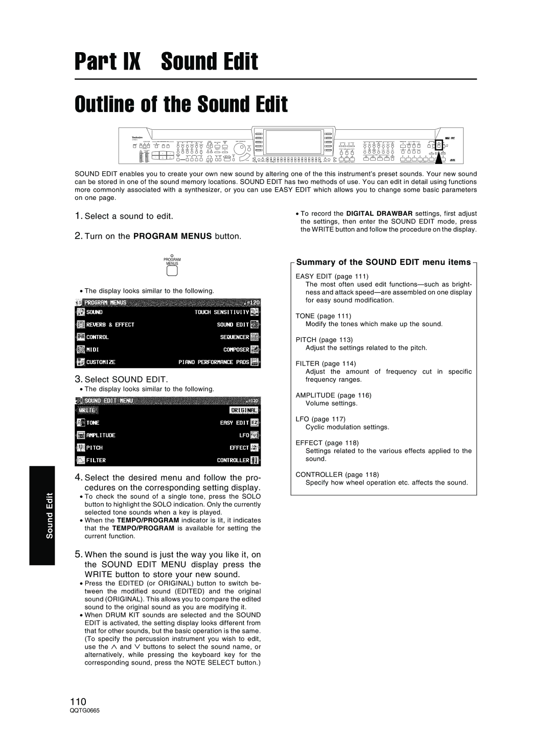 Technics sx-PR604/M Outline of the Sound Edit, Select a sound to edit Turn on the Program Menus button, Select Sound Edit 