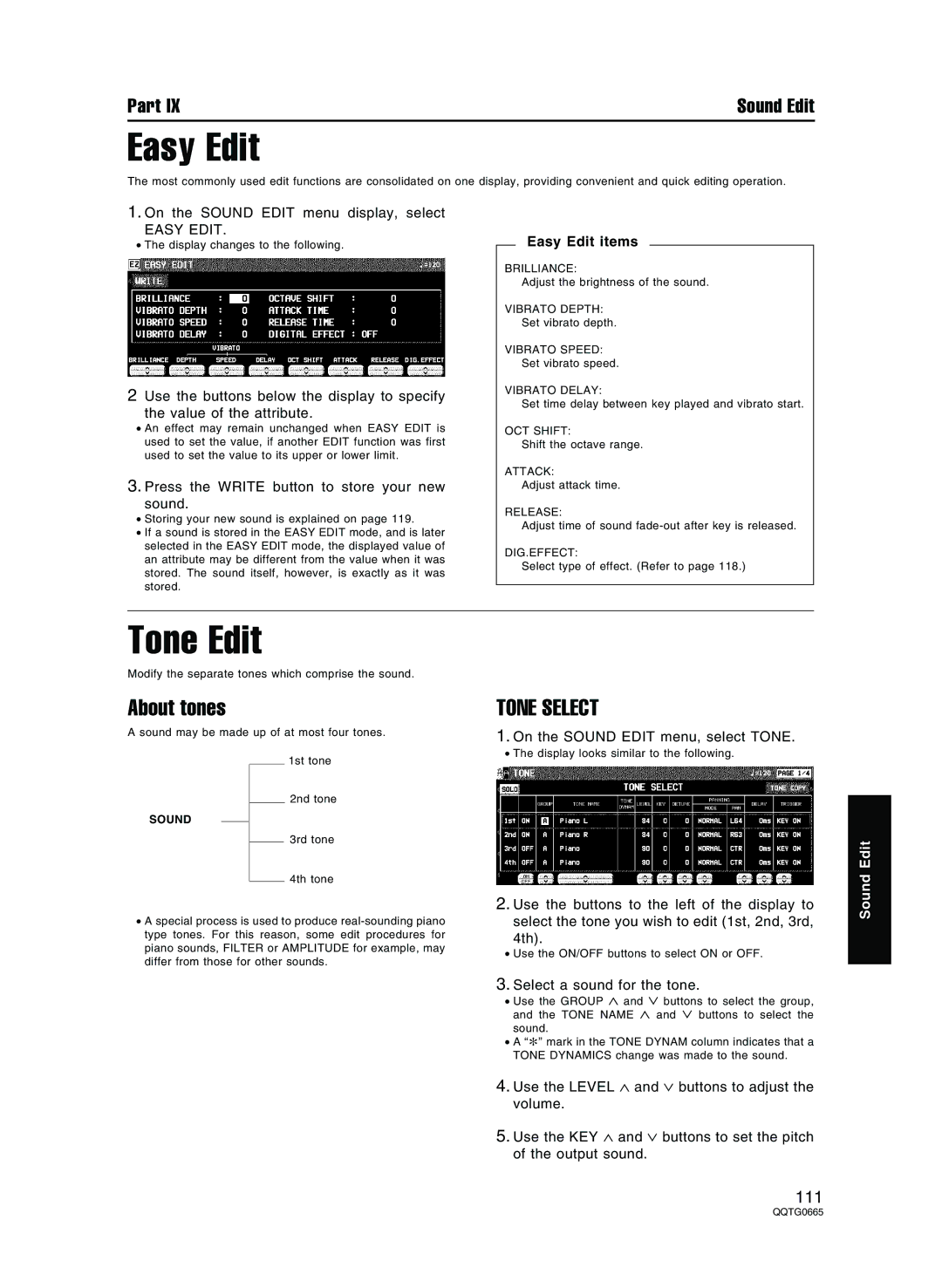 Technics sx-PR804/M, sx-PR604/M operating instructions Tone Edit, About tones, Tone Select, Easy Edit items 