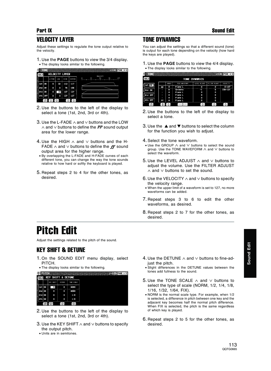 Technics sx-PR804/M, sx-PR604/M operating instructions Pitch Edit, Velocity Layer Tone Dynamics, KEY Shift & Detune 