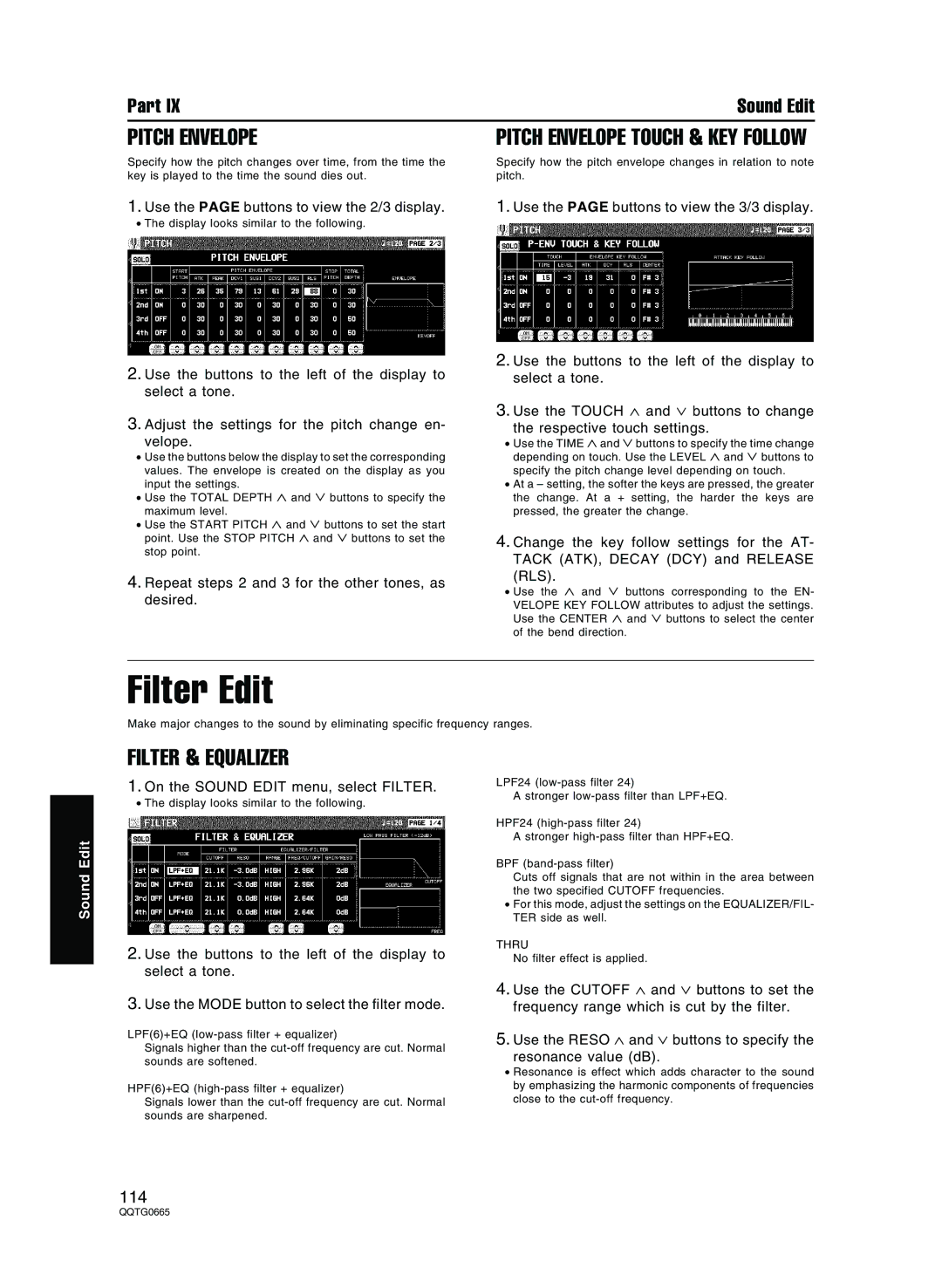 Technics sx-PR604/M Filter Edit, Pitch Envelope, Filter & Equalizer, Use the page buttons to view the 2/3 display 