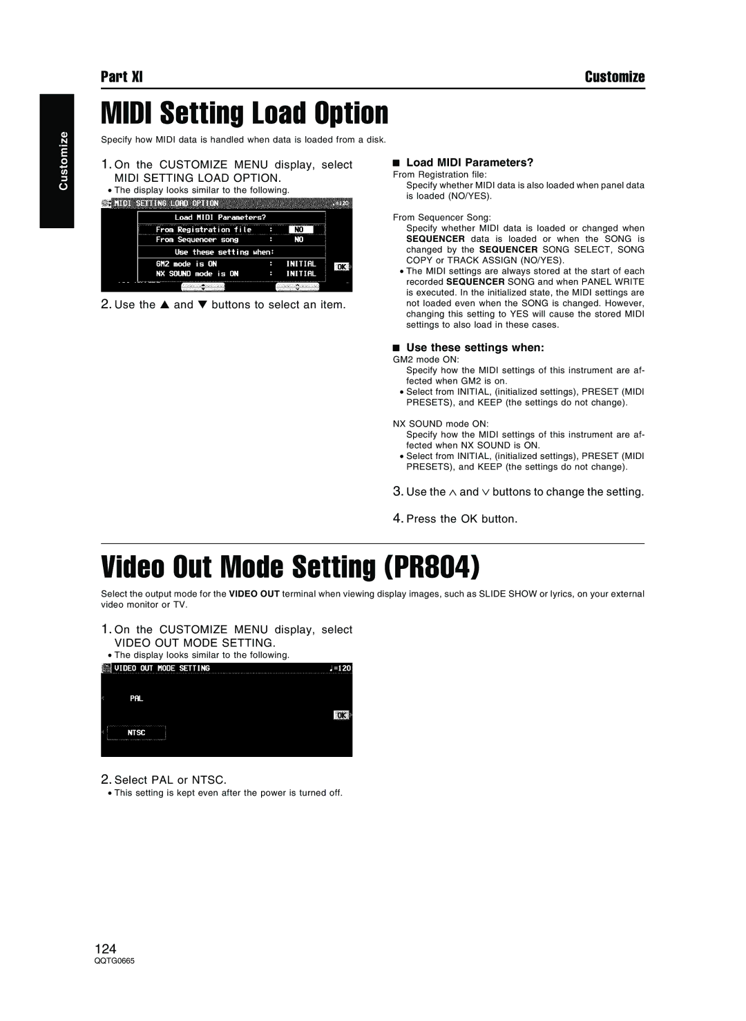 Technics sx-PR604/M Midi Setting Load Option, Video Out Mode Setting PR804, Load Midi Parameters?, Use these settings when 